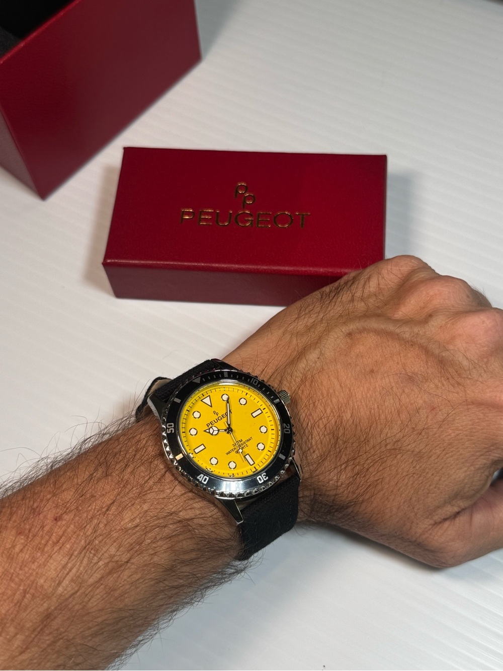 Peugeot Men’s Watch with Bright Yellow Dial and Black Bezel - NWOT